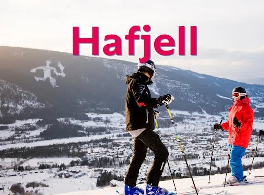 Billedet viser et vinterlandskab på pisten med to personer, der står på ski