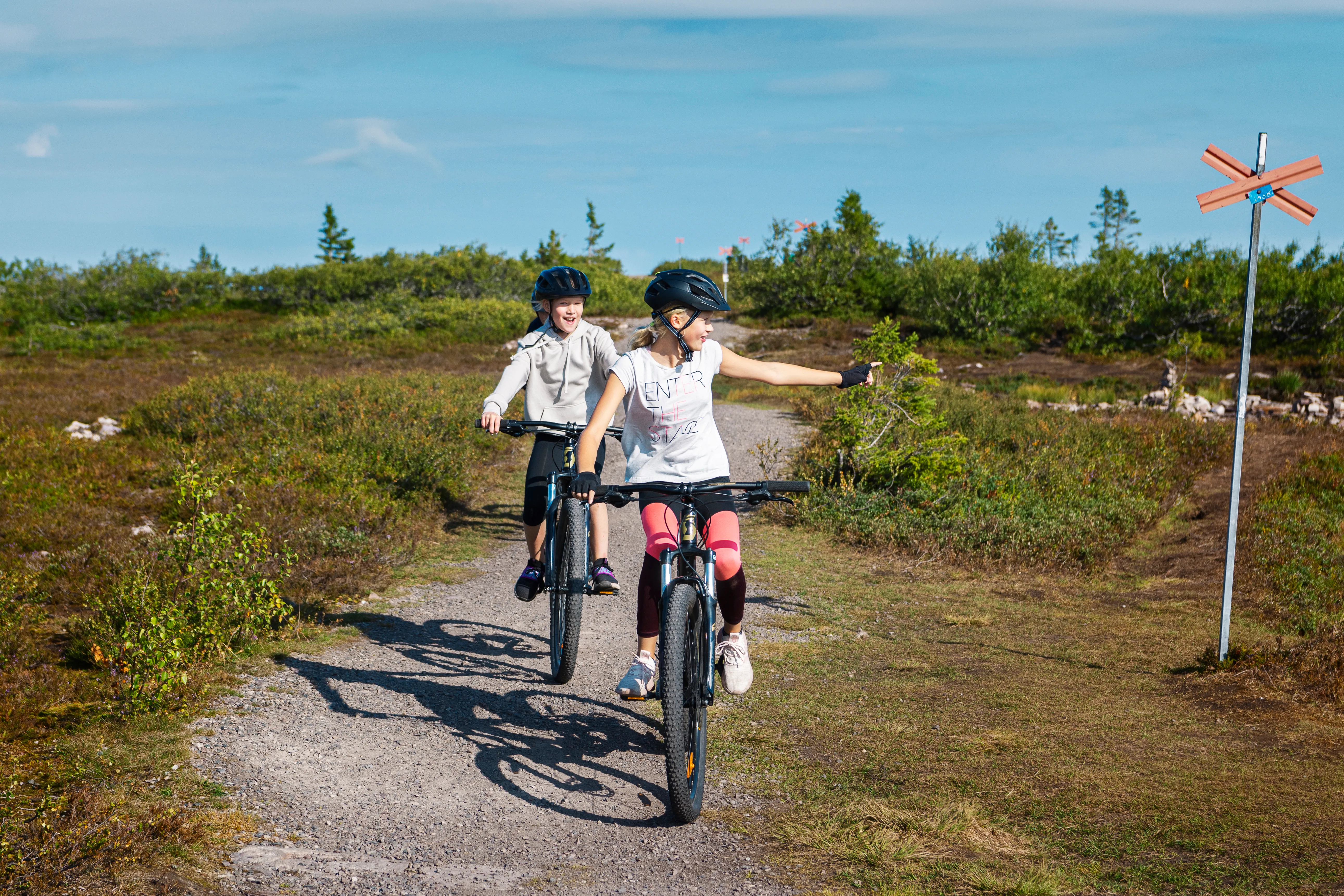 Billedet viser to børn, der cykler i fjeldene.