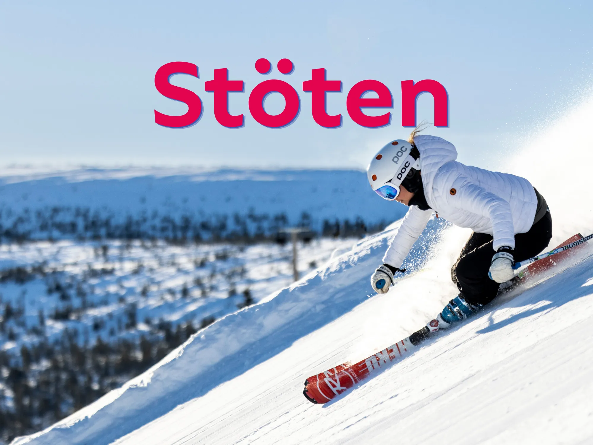 Billedet viser et vinterlandskab på pisten med en person, der står på ski
