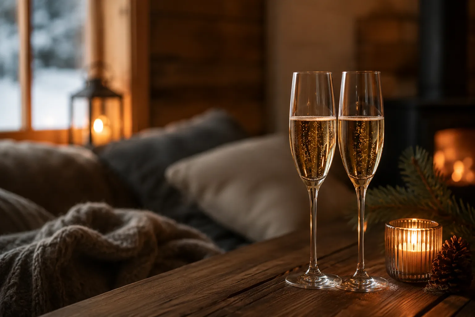 Billedet viser en fjeldhytte om vinteren med to glas fyldt med drikkevarer.