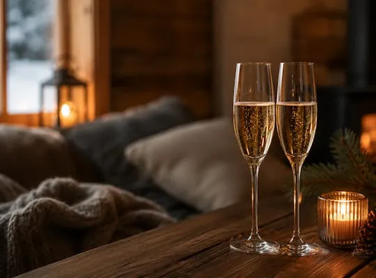 Billedet viser en fjeldhytte om vinteren med to glas fyldt med drikkevarer.